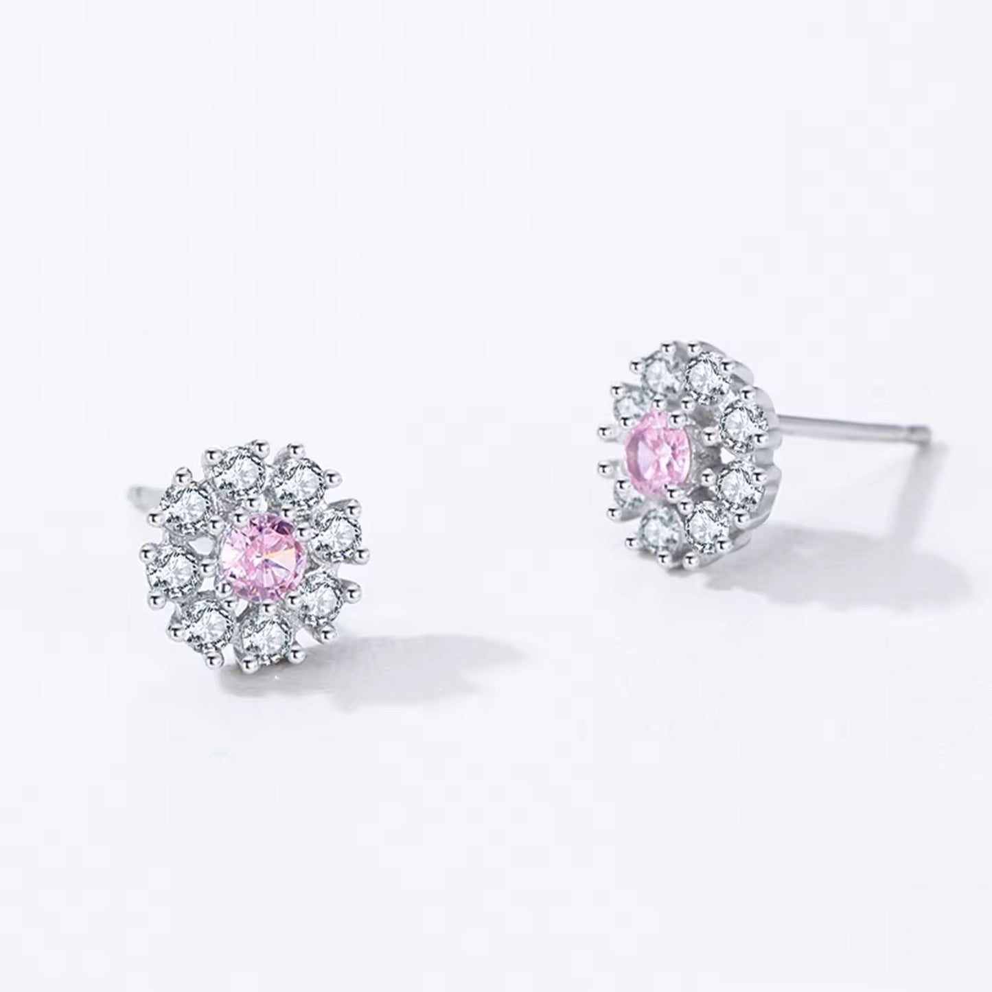 Sterling Silver Pink Flower Stud Earrings