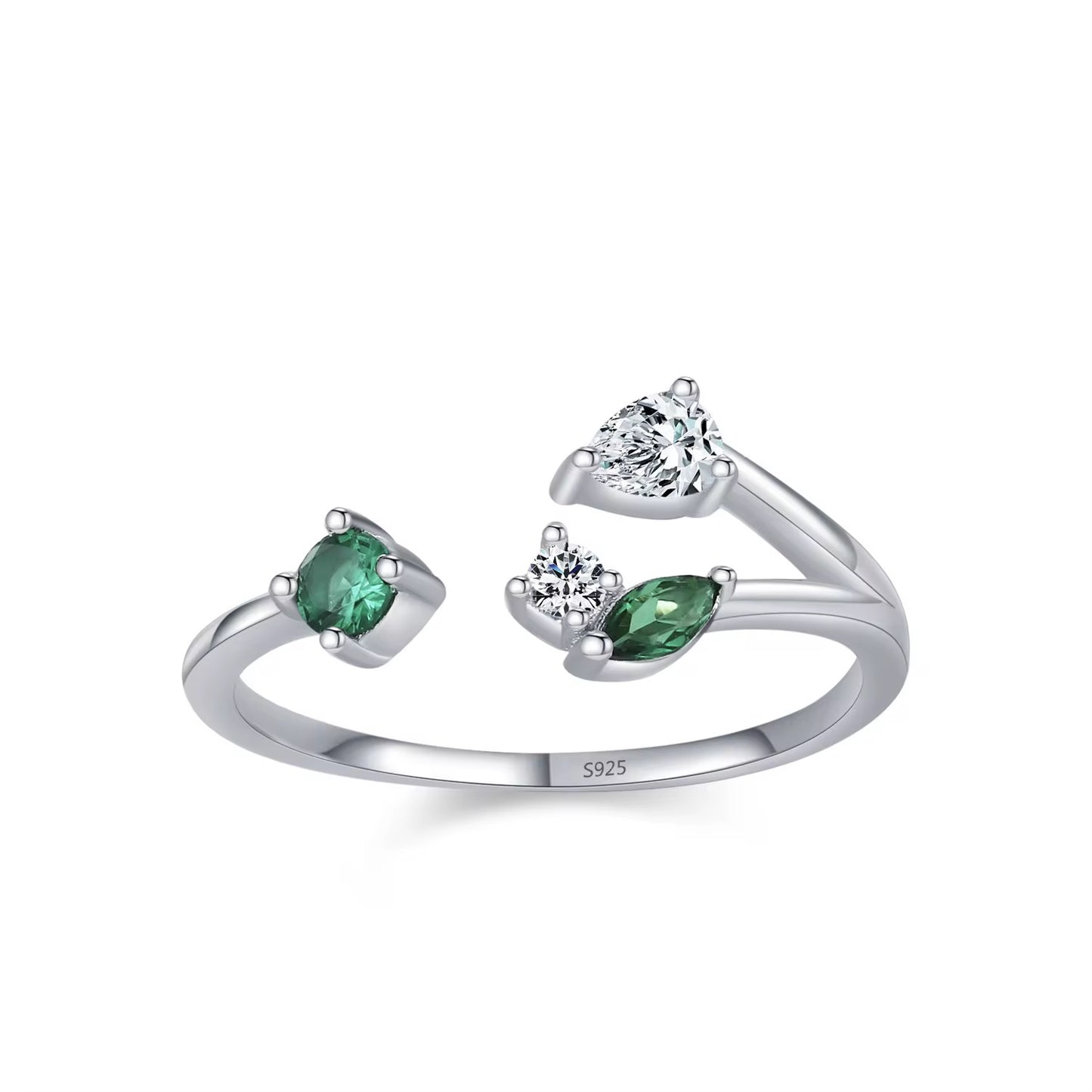 Adjustable Sterling Silver Ring with Green & White Stones