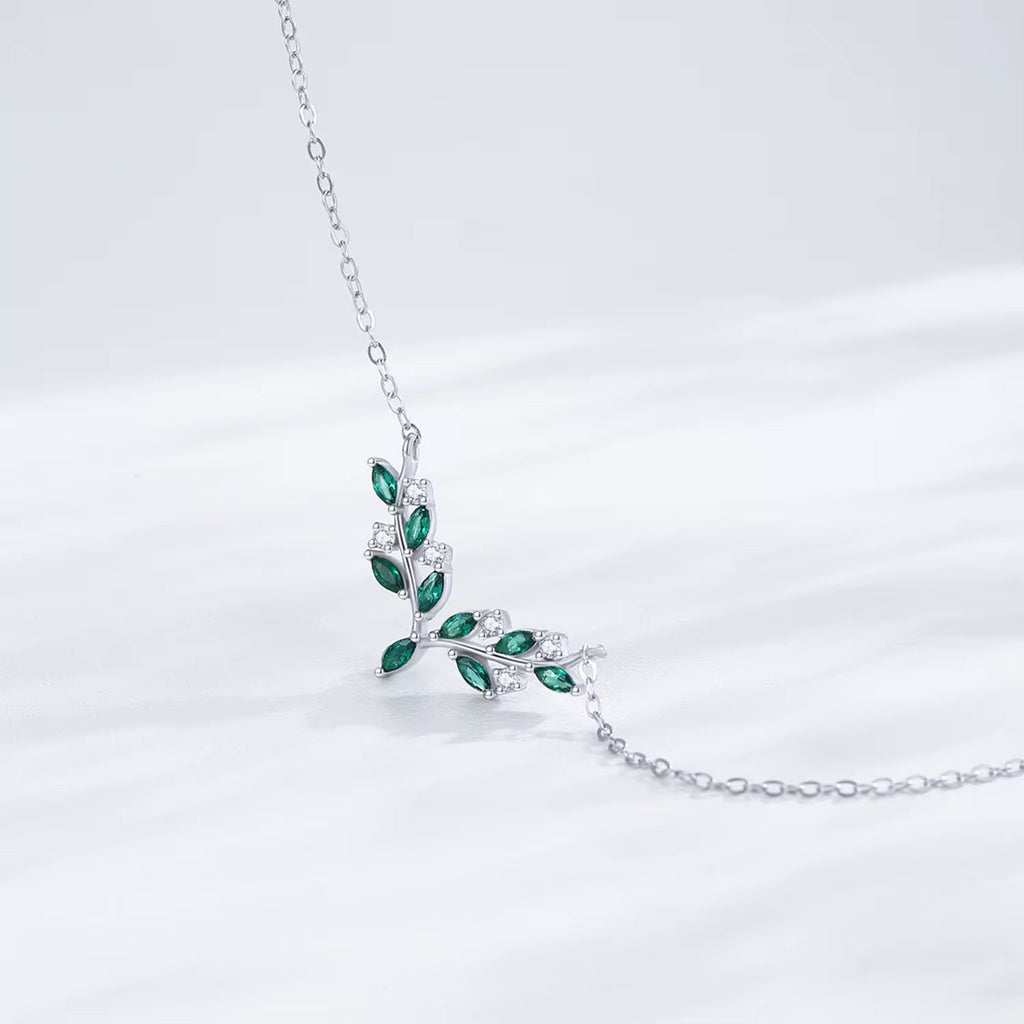 Leaf Necklace with Green & White Stones