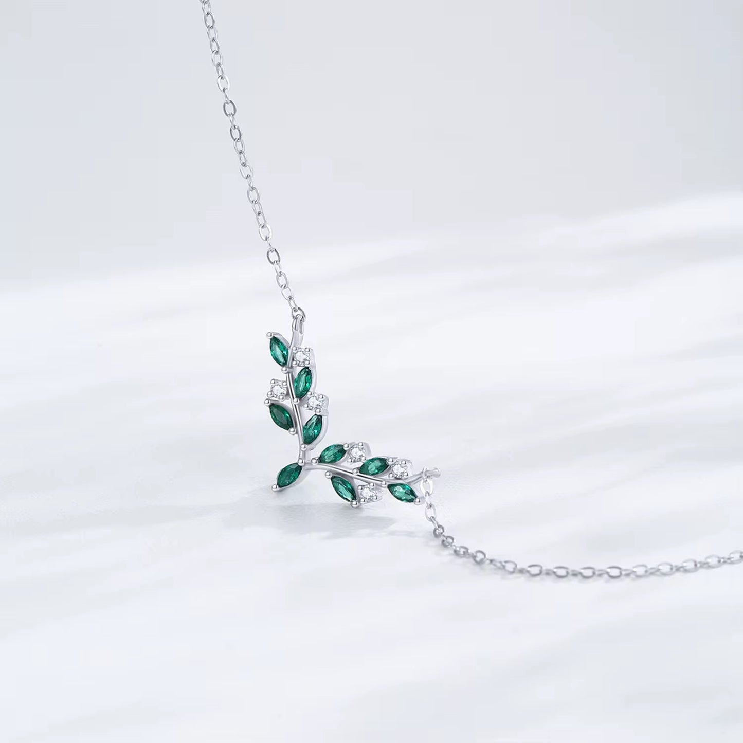 Leaf Necklace with Green & White Stones