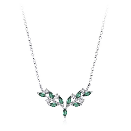 Leaf Necklace with Green & White Stones