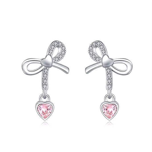 Sterling Silver Bow & Heart Earrings – Feminine & Romantic