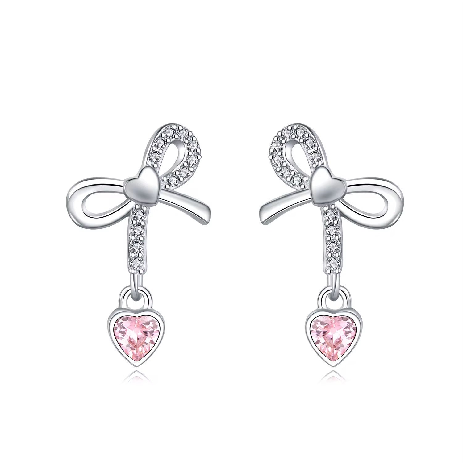 Sterling Silver Bow & Heart Earrings – Feminine & Romantic