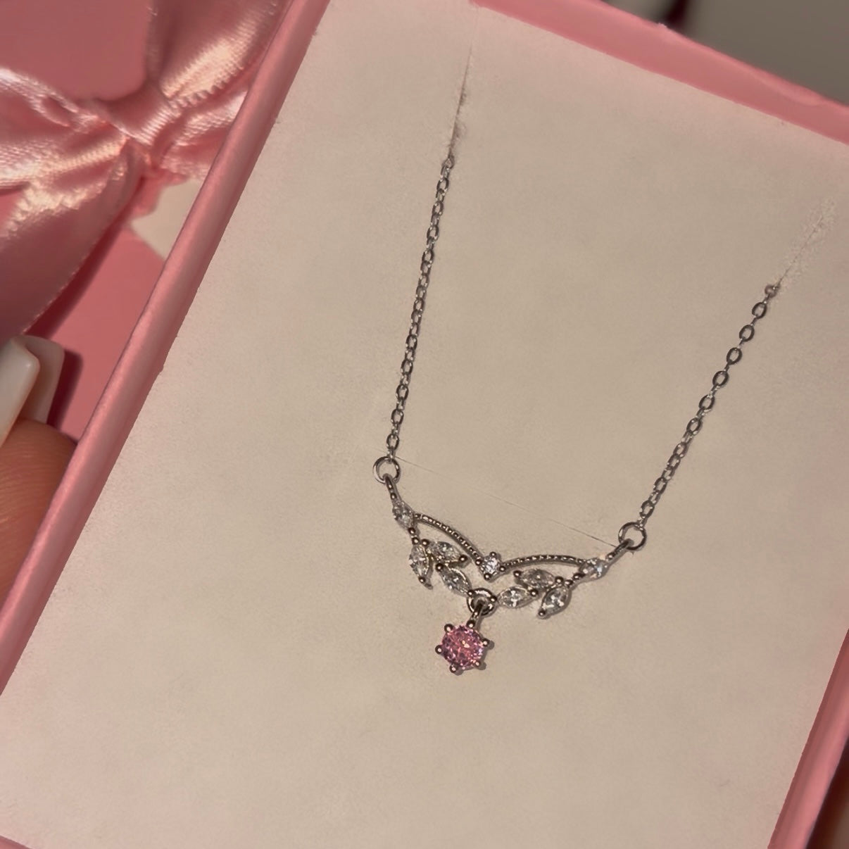 Leaf Sterling Silver Necklace with Pink Stone