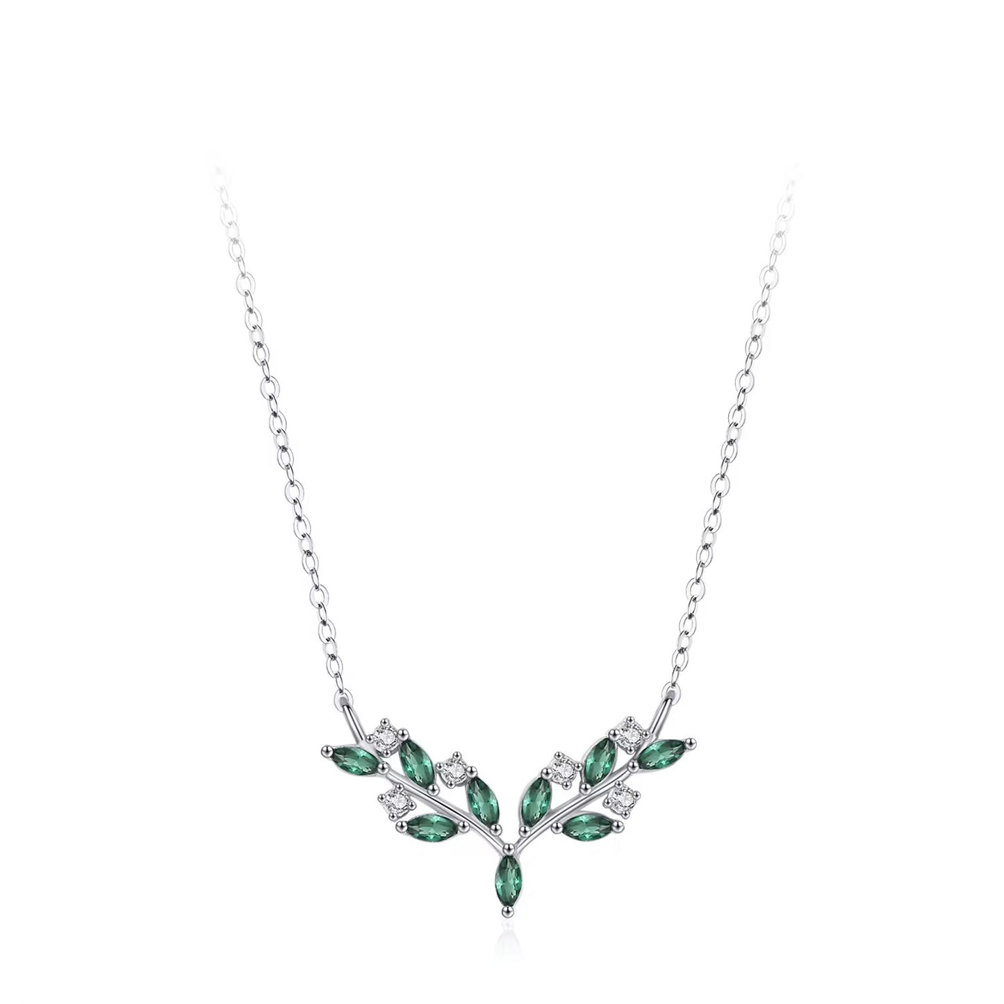 Leaf Necklace with Green & White Stones