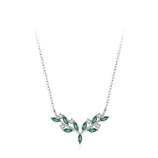 Leaf Necklace with Green & White Stones