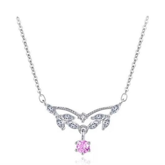 Leaf Sterling Silver Necklace with Pink Stone