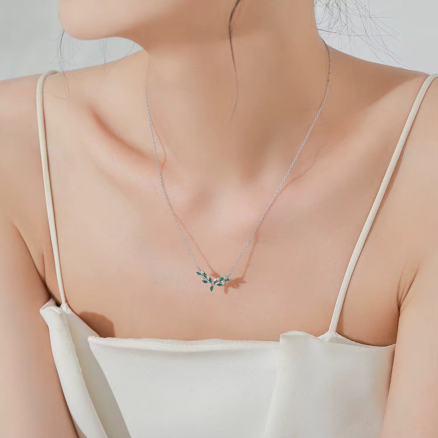 Leaf Necklace with Green & White Stones