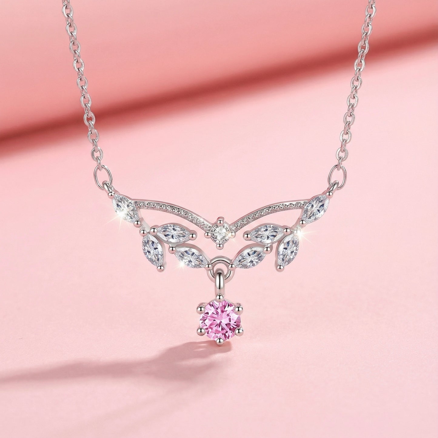 Leaf Sterling Silver Necklace with Pink Stone