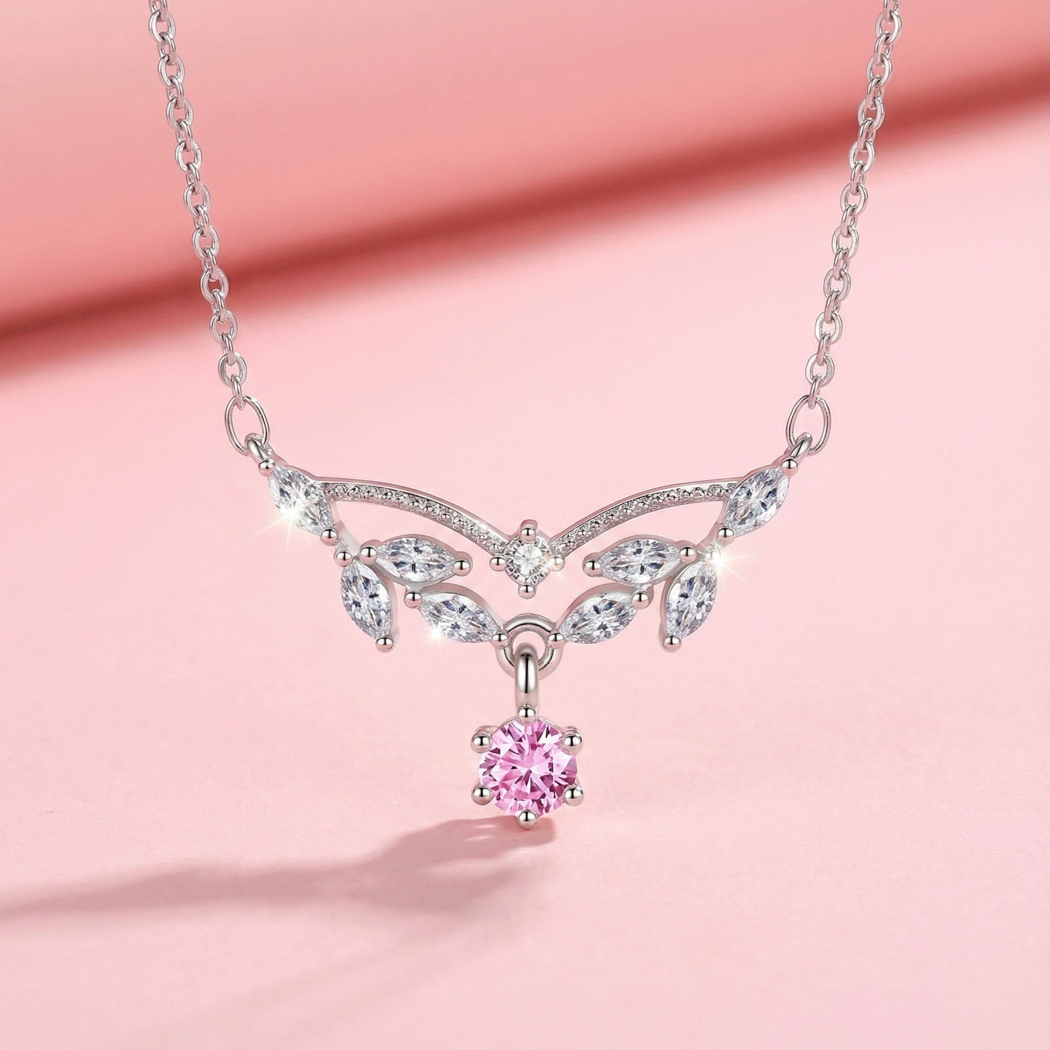 Leaf Sterling Silver Necklace with Pink Stone