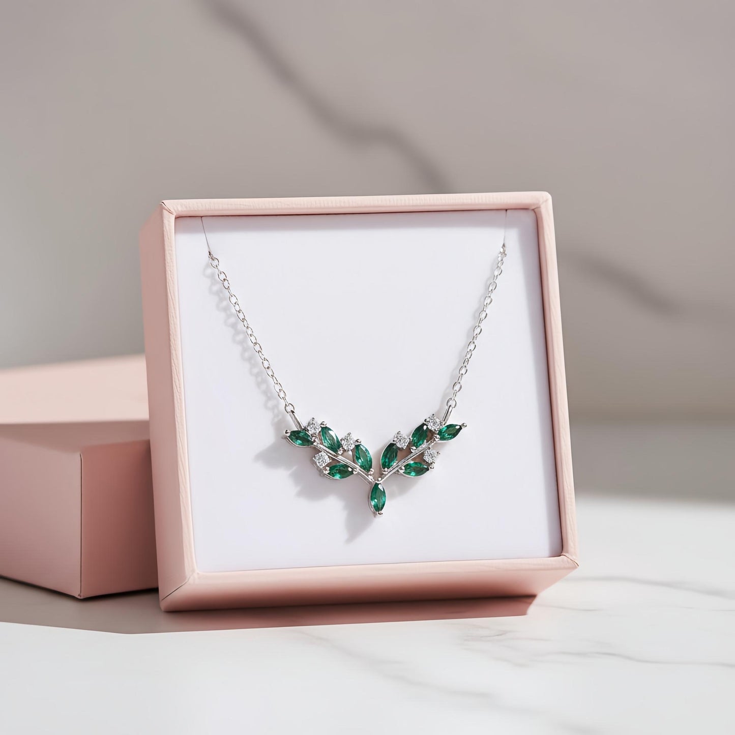Leaf Necklace with Green & White Stones