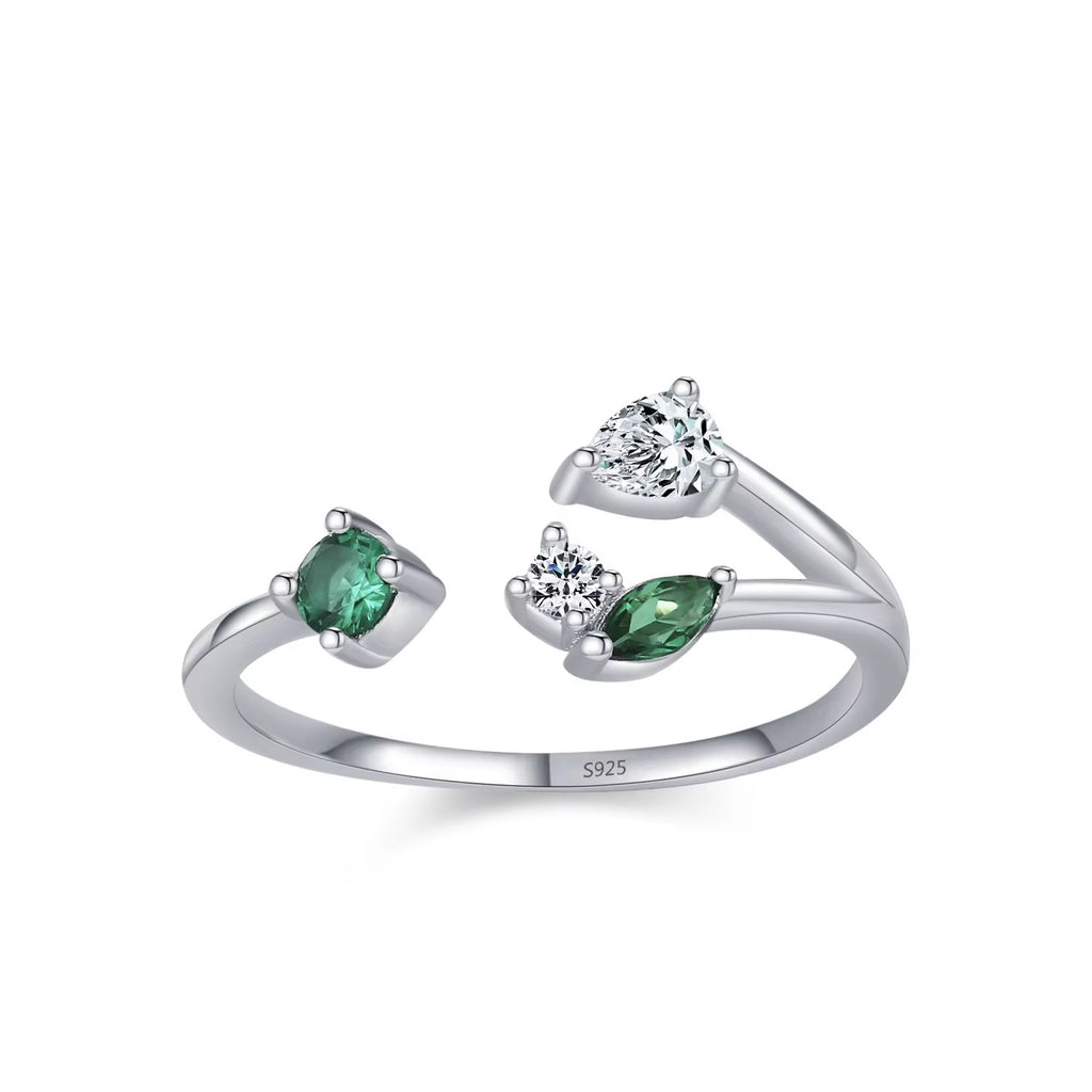 Adjustable Sterling Silver Ring with Green & White Stones