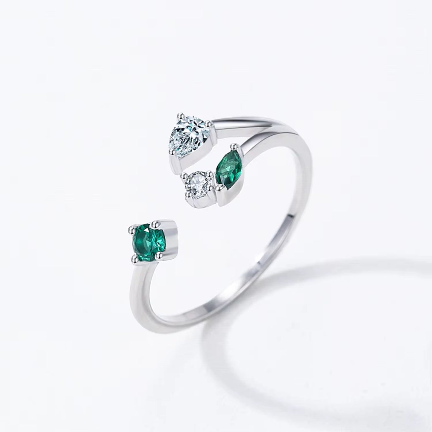 Adjustable Sterling Silver Ring with Green & White Stones