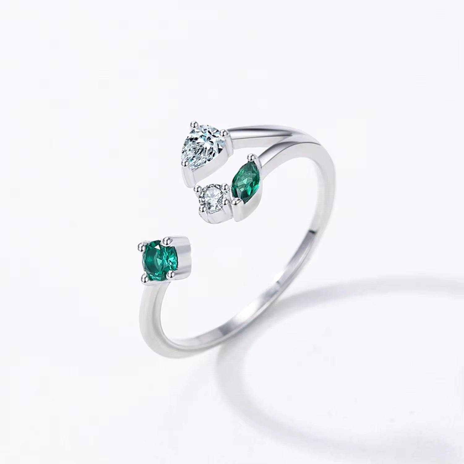 Adjustable Sterling Silver Ring with Green & White Stones