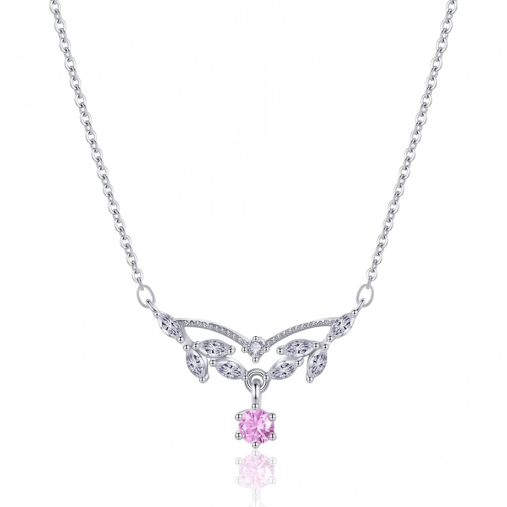 Leaf Sterling Silver Necklace with Pink Stone