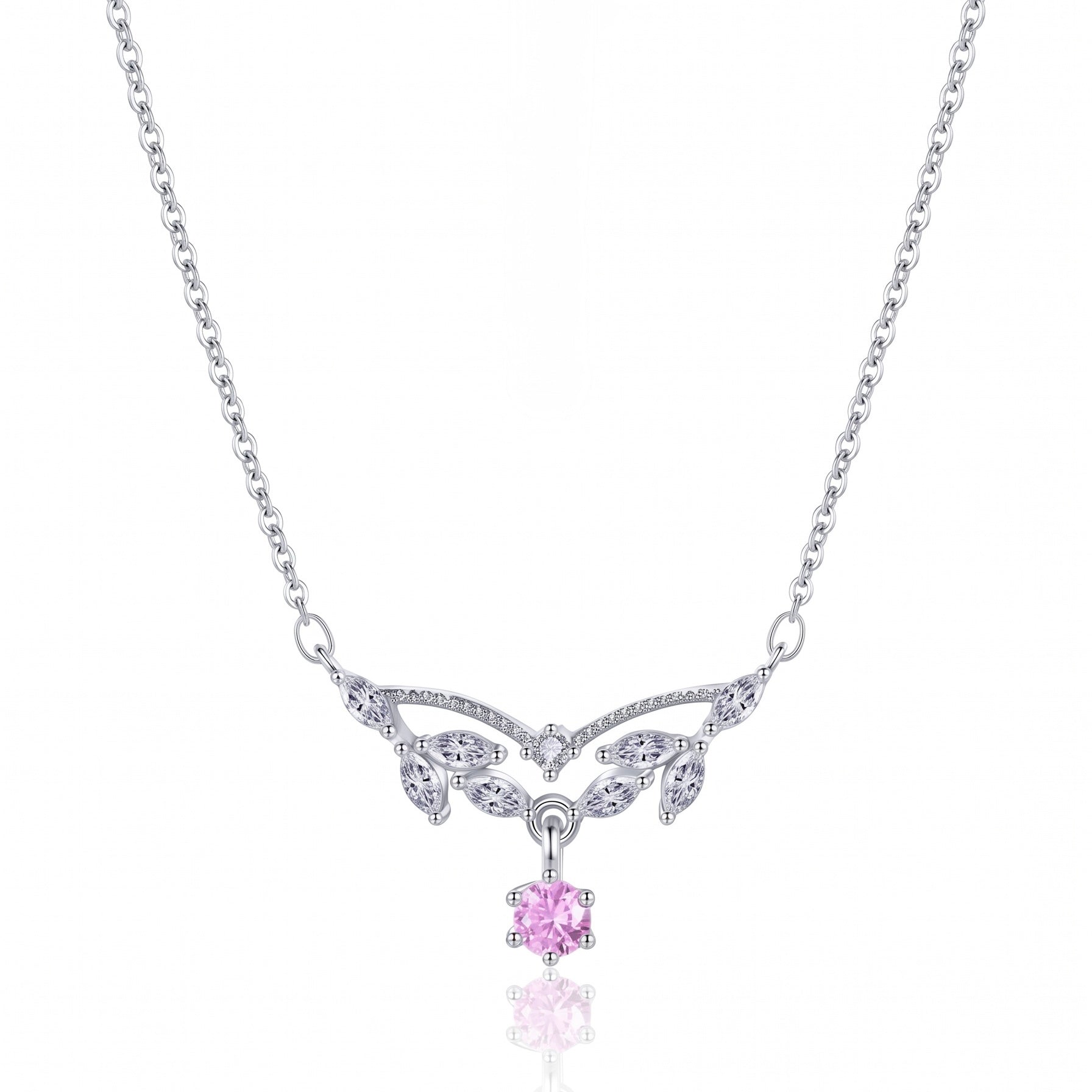 Leaf Sterling Silver Necklace with Pink Stone