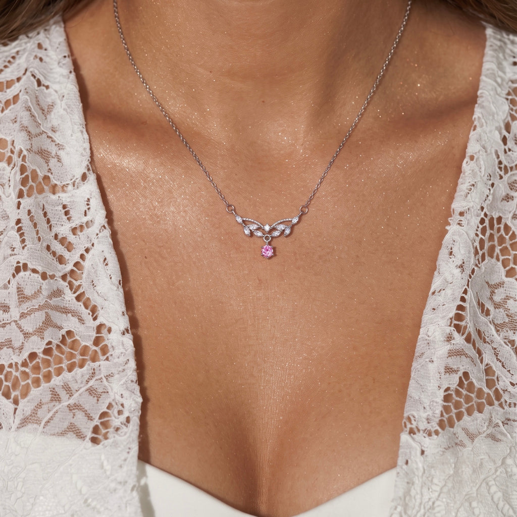 Leaf Sterling Silver Necklace with Pink Stone