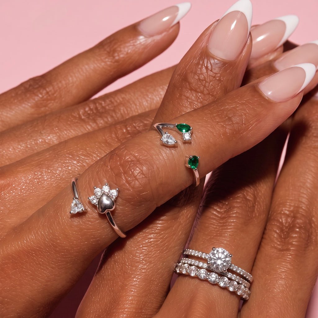 Adjustable Sterling Silver Ring with Green & White Stones
