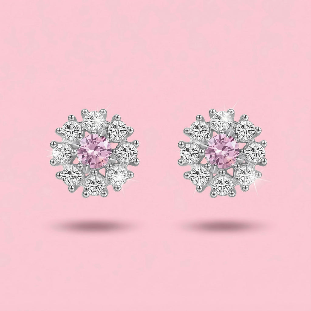 Sterling Silver Pink Flower Stud Earrings