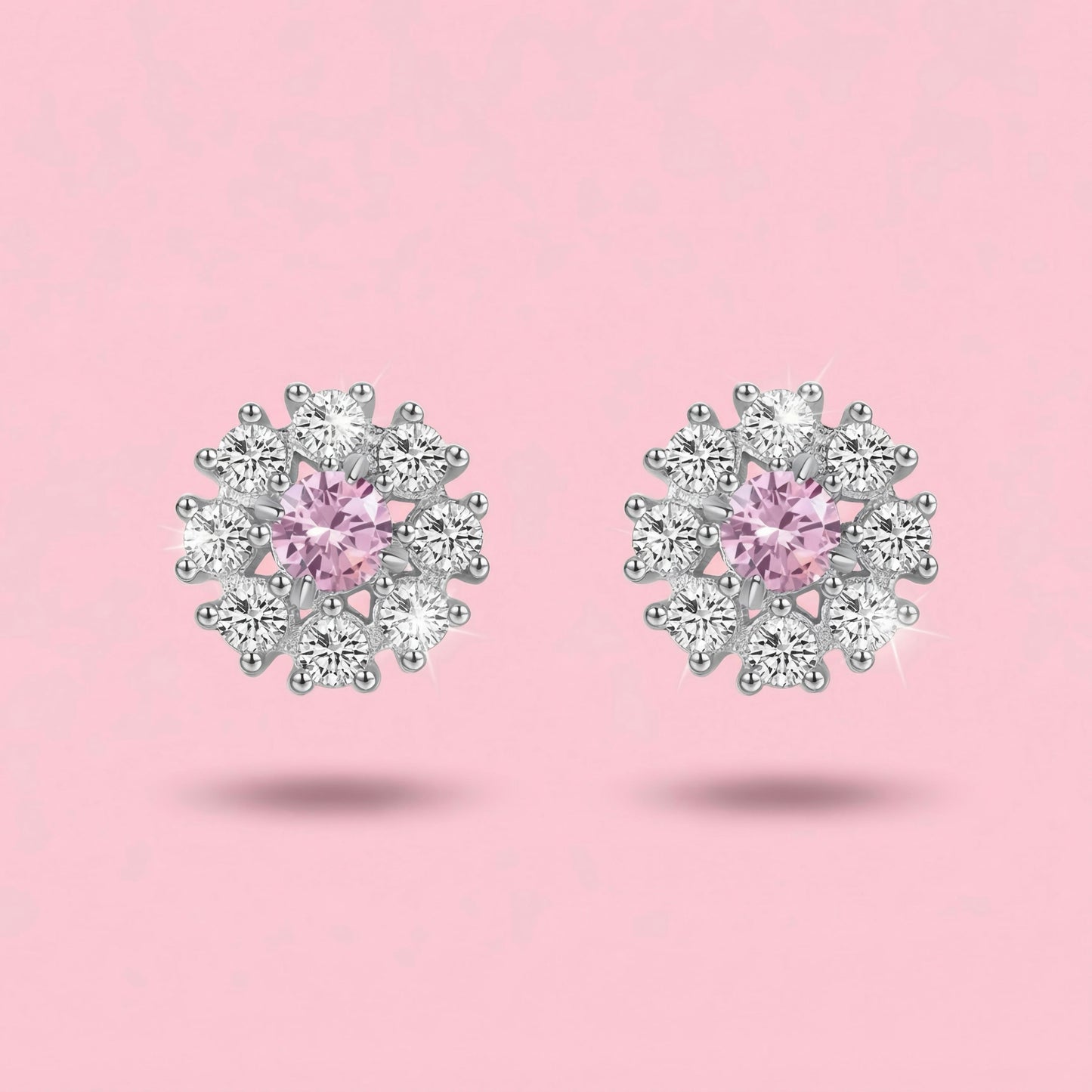 Sterling Silver Pink Flower Stud Earrings