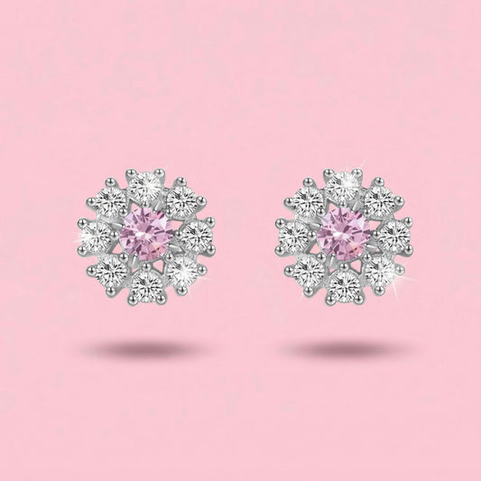 Sterling Silver Pink Flower Stud Earrings