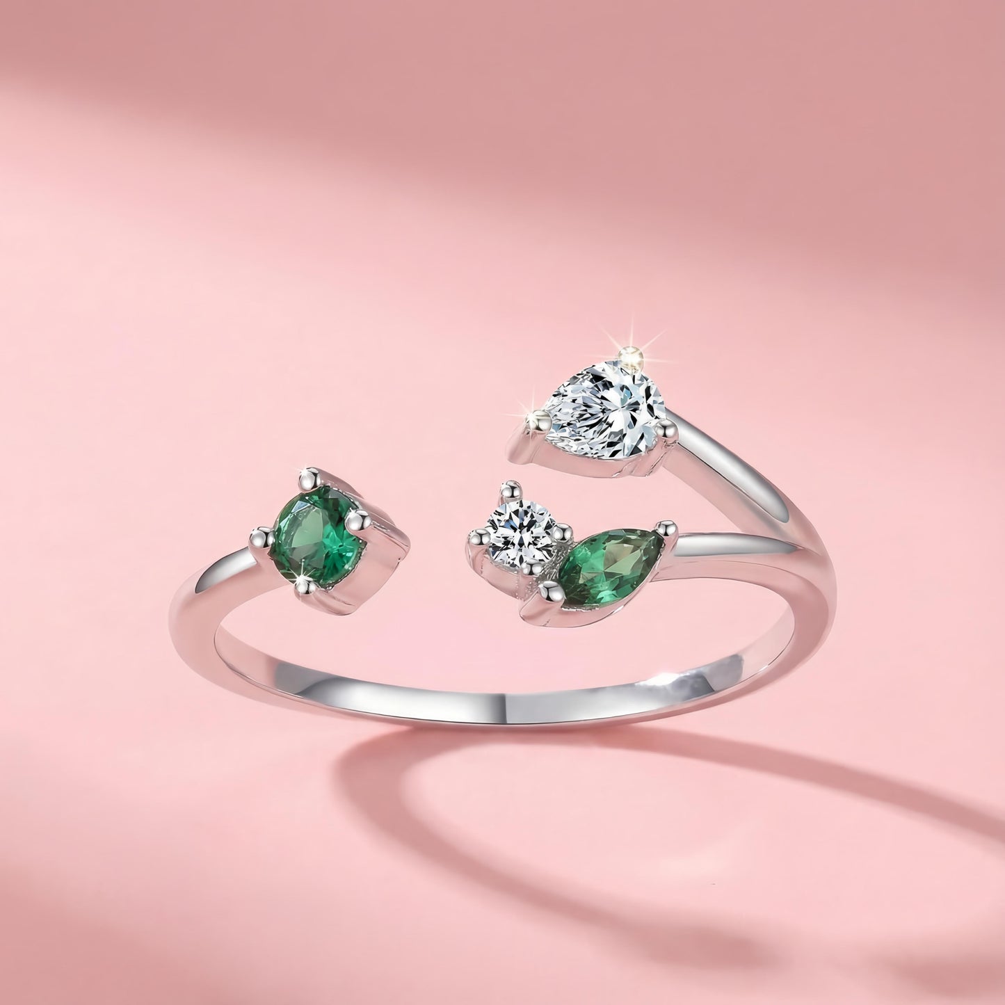 Adjustable Sterling Silver Ring with Green & White Stones