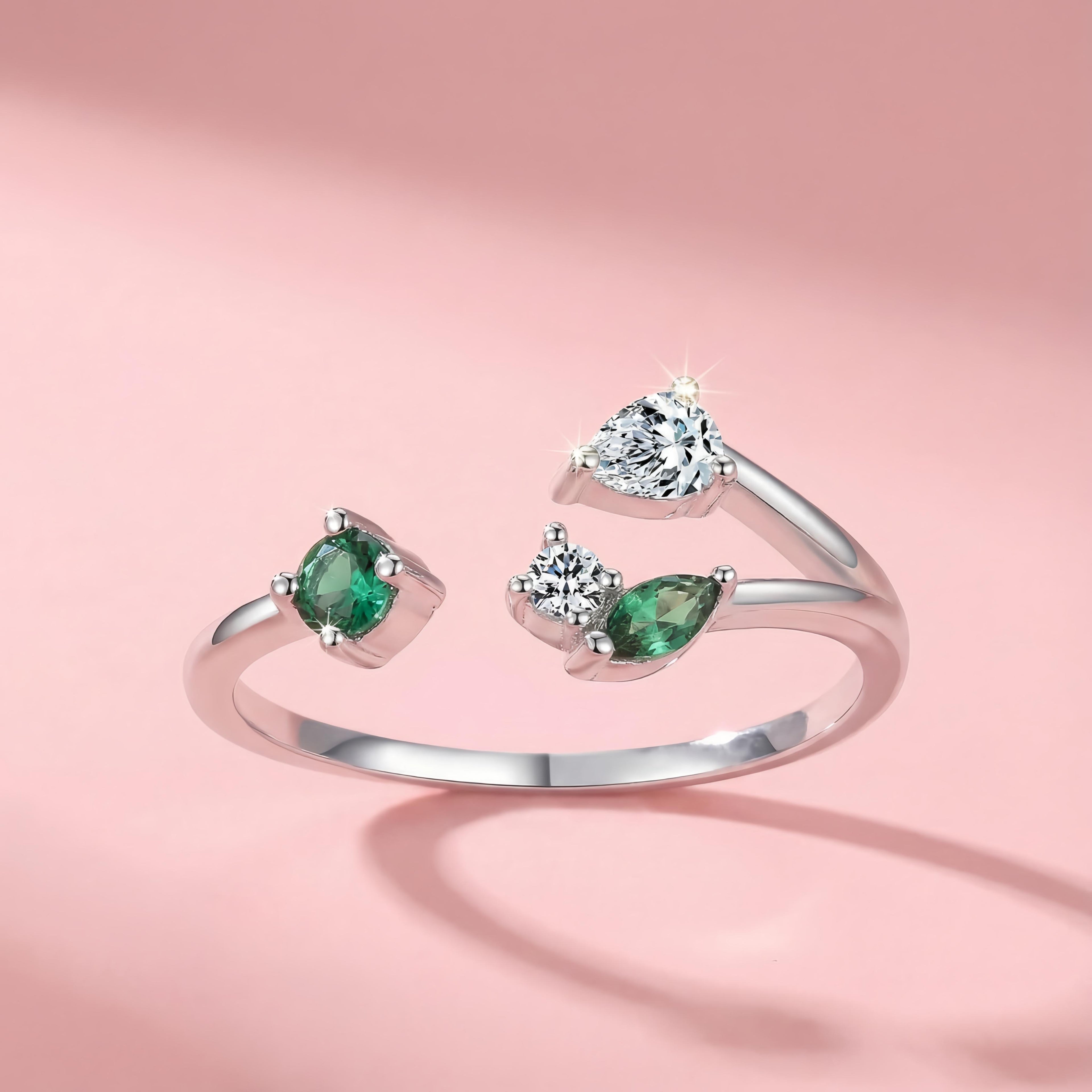 Adjustable Sterling Silver Ring with Green & White Stones