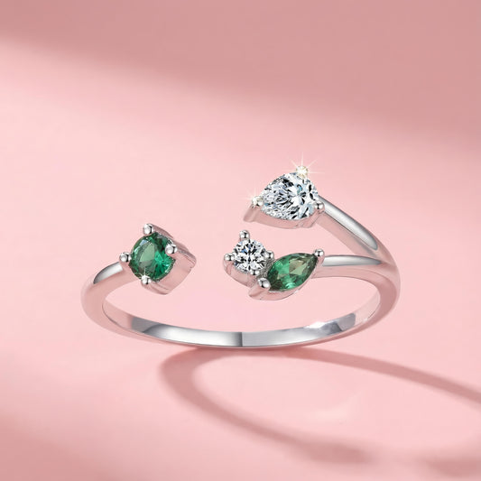 Adjustable Sterling Silver Ring with Green & White Stones