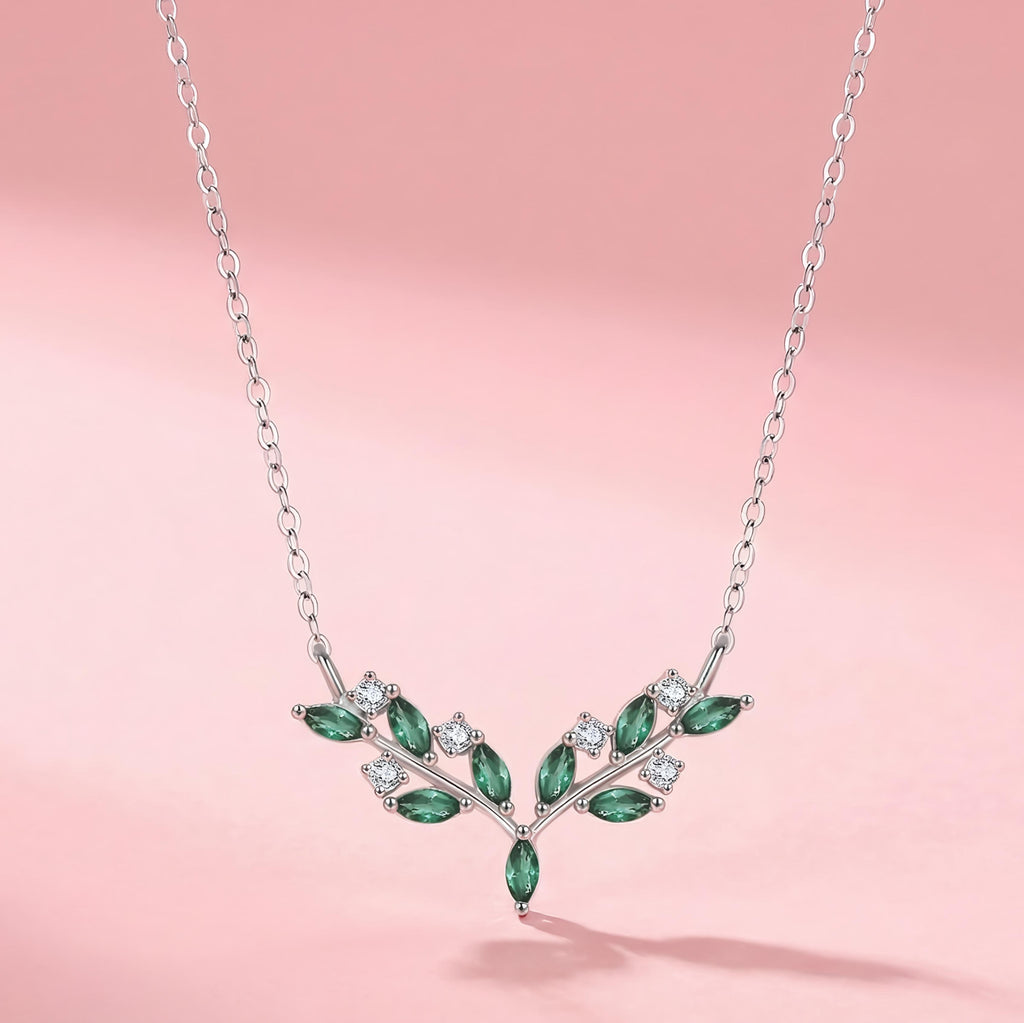 Leaf Necklace with Green & White Stones