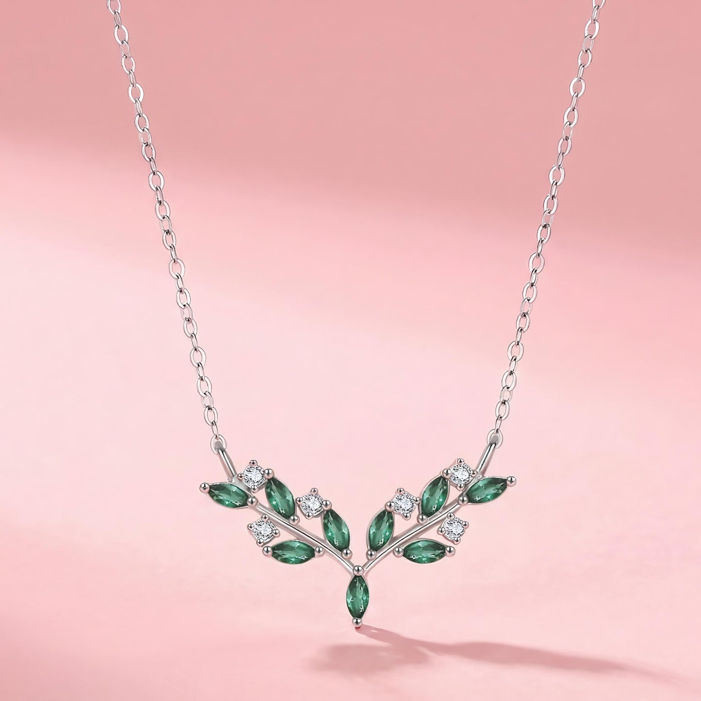 Leaf Necklace with Green & White Stones