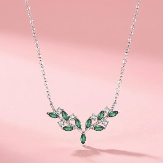 Leaf Necklace with Green & White Stones